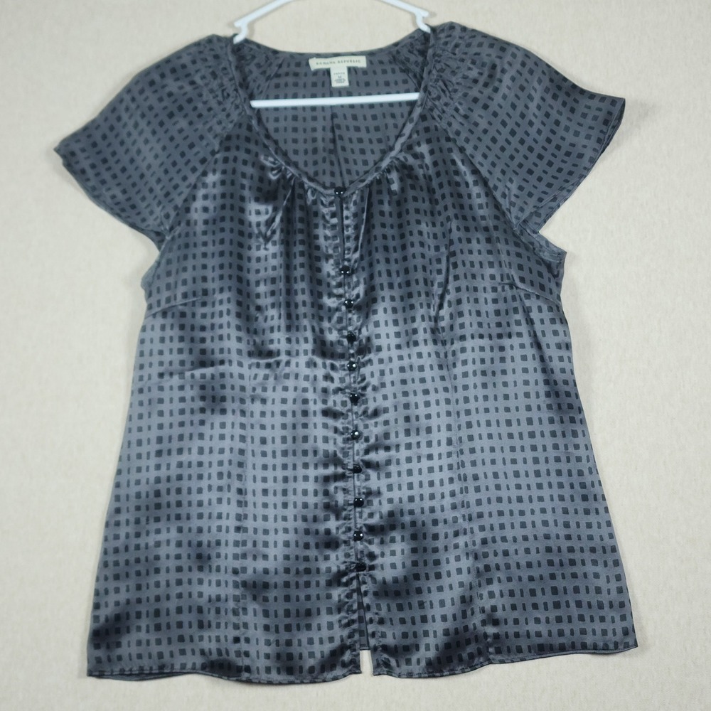 Banana Republic Silk Geometric Print Blouse Size PM Gray Black Workwear Goth